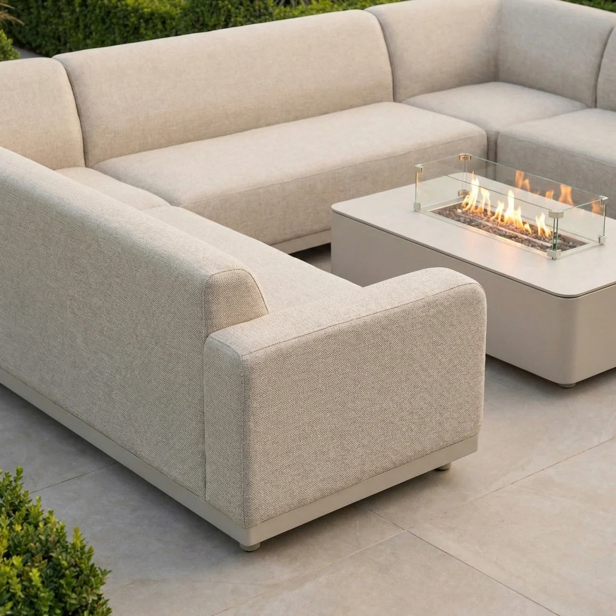 Luna U-Shape Outdoor Fabric Sofa Set with Firepit Coffee Table in Fawn
