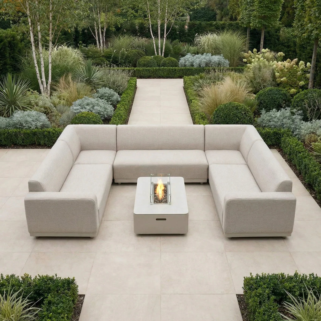 Luna U-Shape Outdoor Fabric Sofa Set with Firepit Coffee Table in Fawn