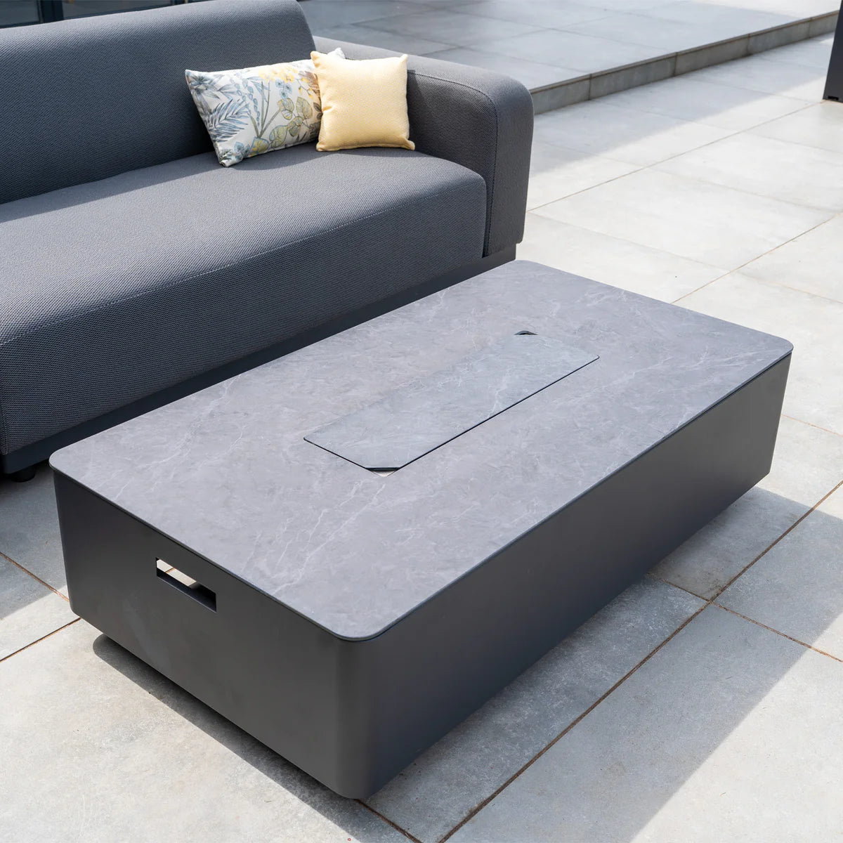 Luna Outdoor Fabric Corner Sofa Set with Firepit Coffee Table in Grey