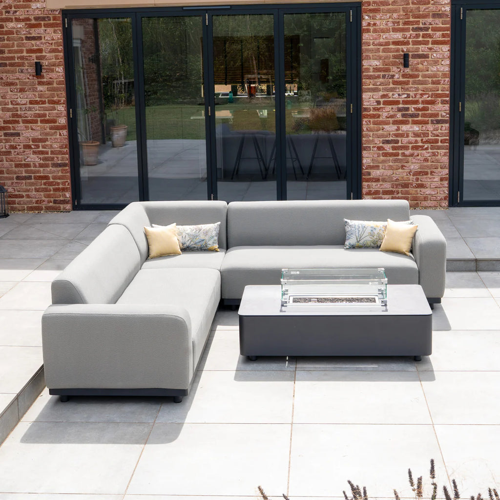 Luna Outdoor Fabric Corner Sofa Set with Firepit Coffee Table in Oyster Grey