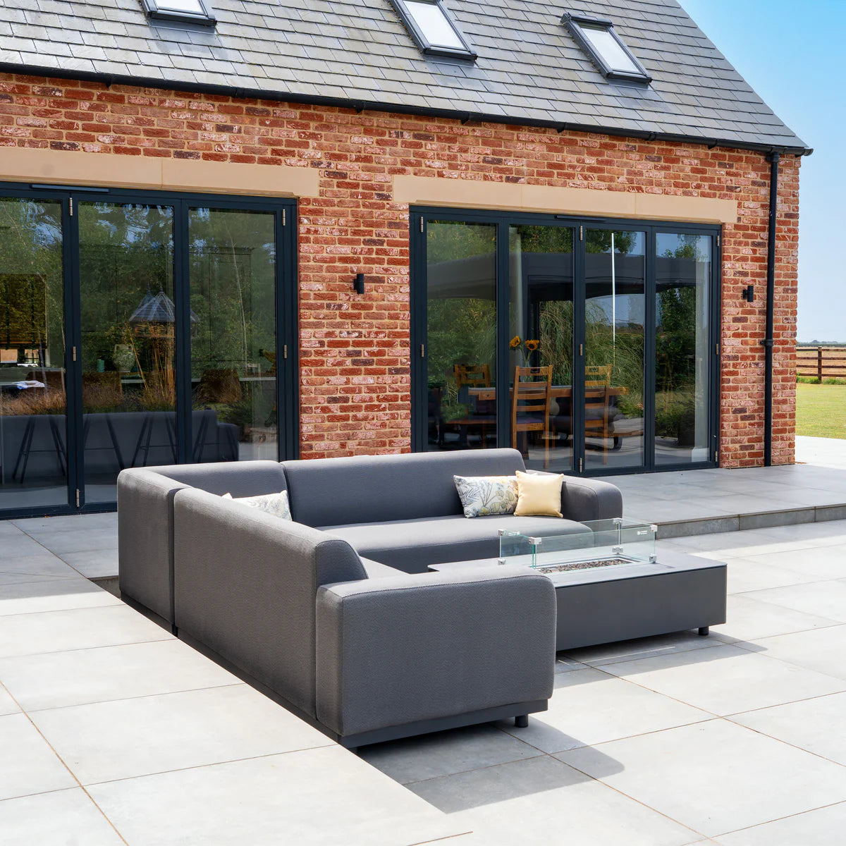 Luna Outdoor Fabric Corner Sofa Set with Firepit Coffee Table in Grey