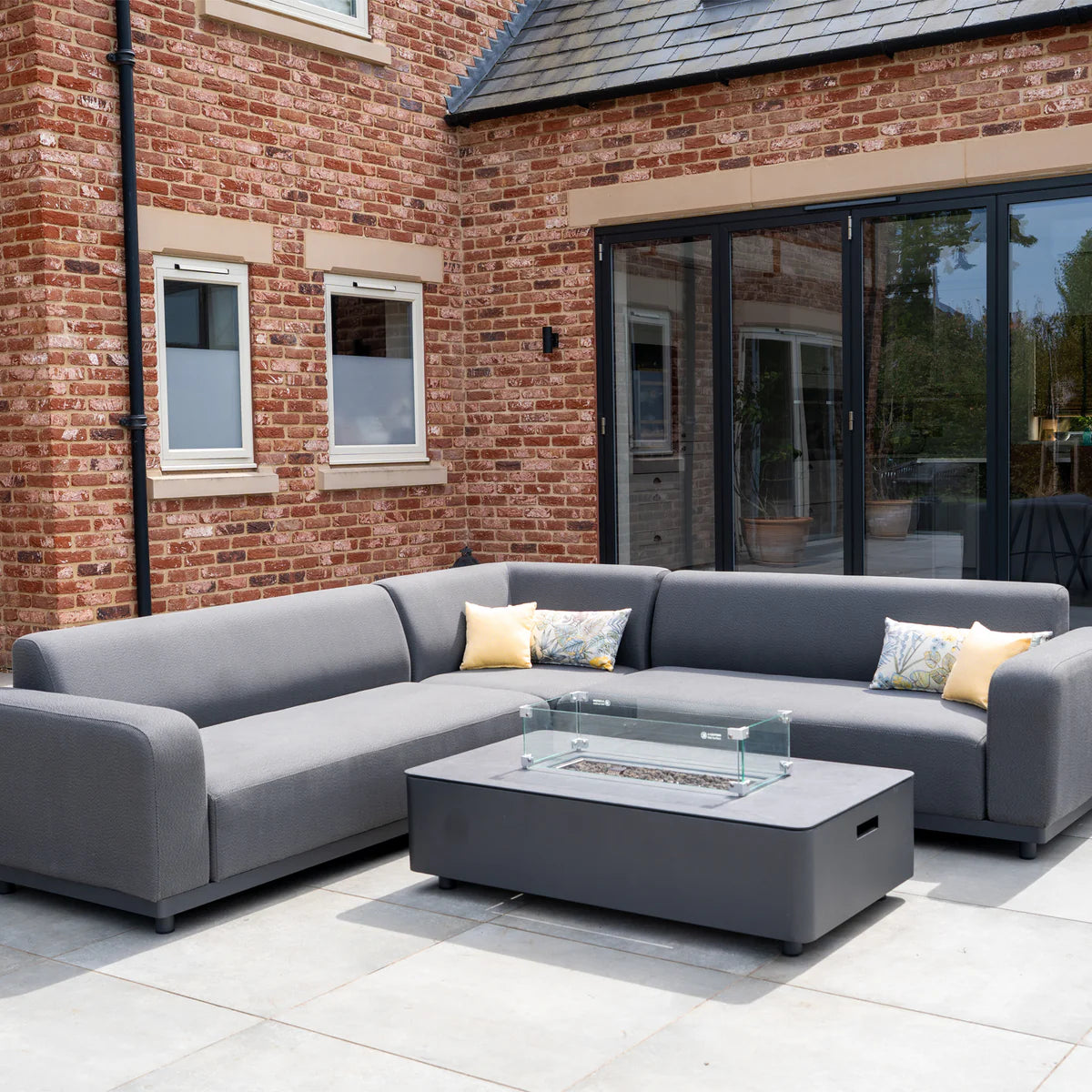 Luna Outdoor Fabric Corner Sofa Set with Firepit Coffee Table in Grey