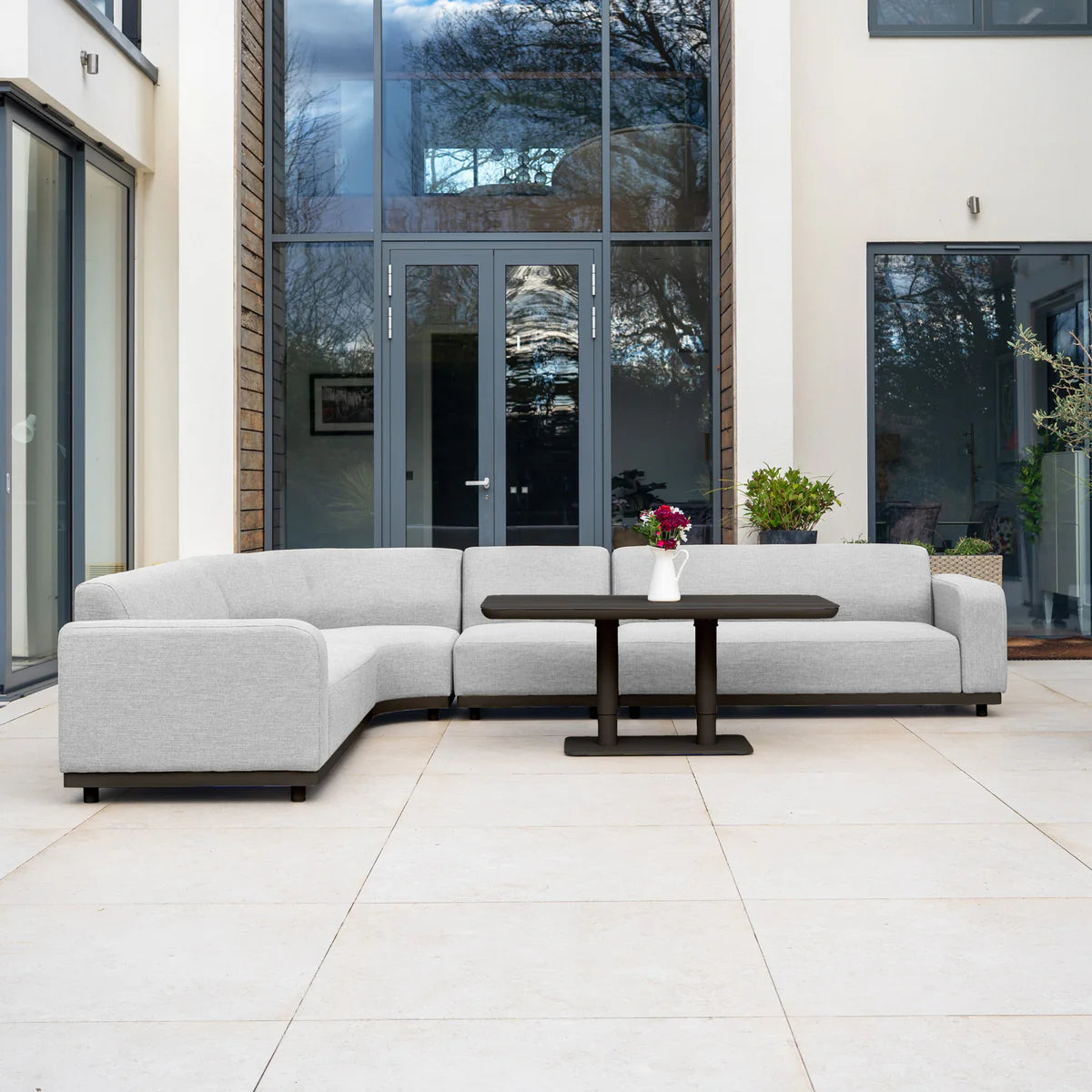 Luna Outdoor Fabric Large Curved Corner Sofa Set with Altura Rising Table in Oyster Grey