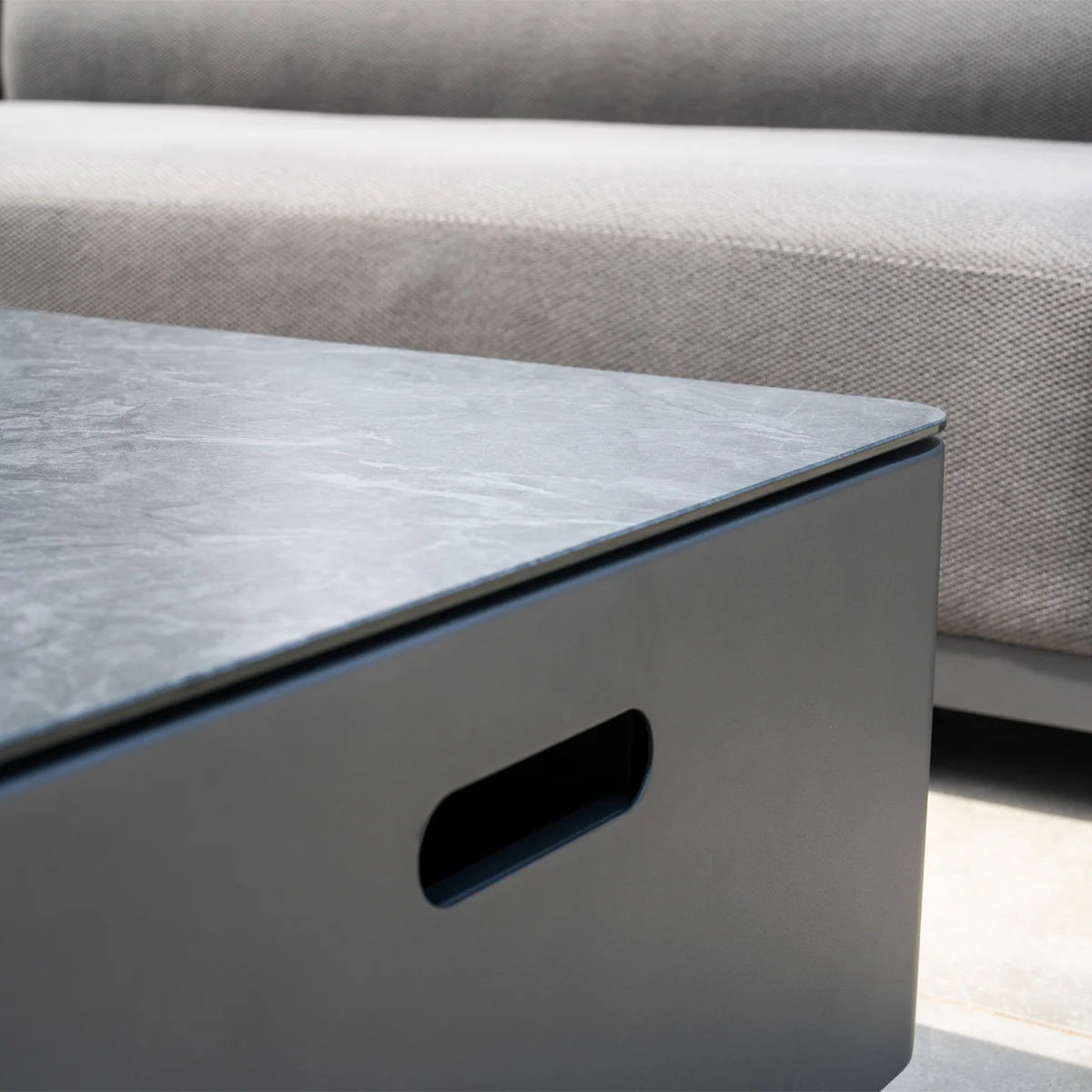 Luna Outdoor Fabric Large Corner Group Set with Firepit Coffee Table in Grey