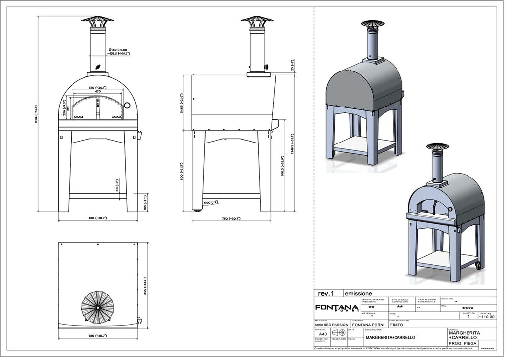 Fontana Margherita Stainless Steel Wood Pizza Oven Including Trolley