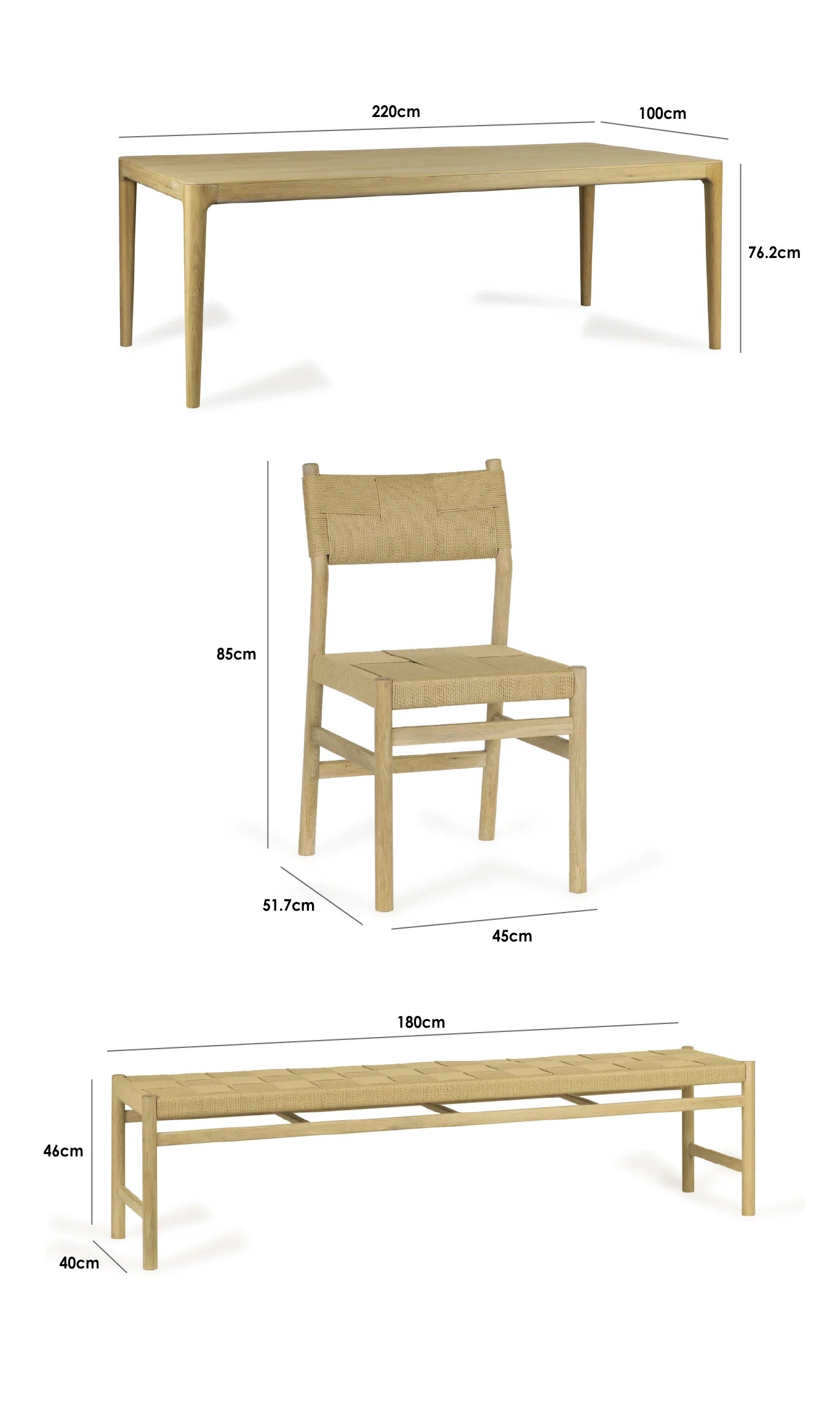 Marlow 8 Seat Dining Set with Woven Bench in Light Oak