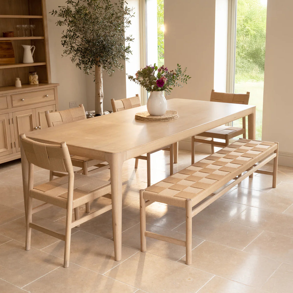 Marlow 8 Seat Dining Set with Woven Bench in Light Oak