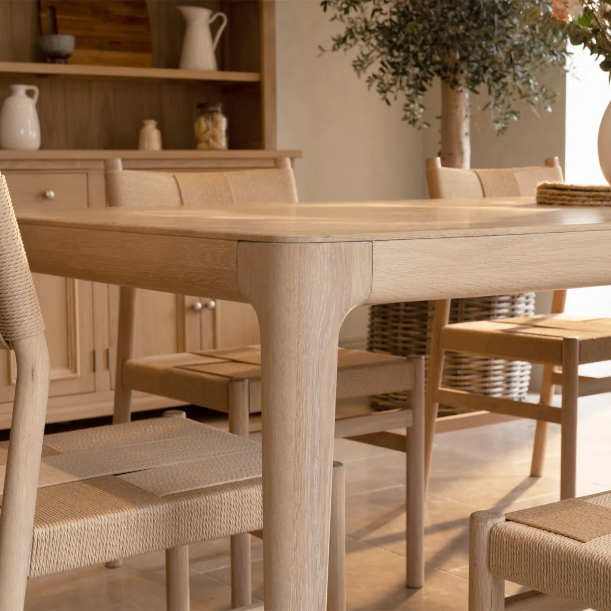 Marlow 8 Seat Dining Set with Woven Bench in Light Oak