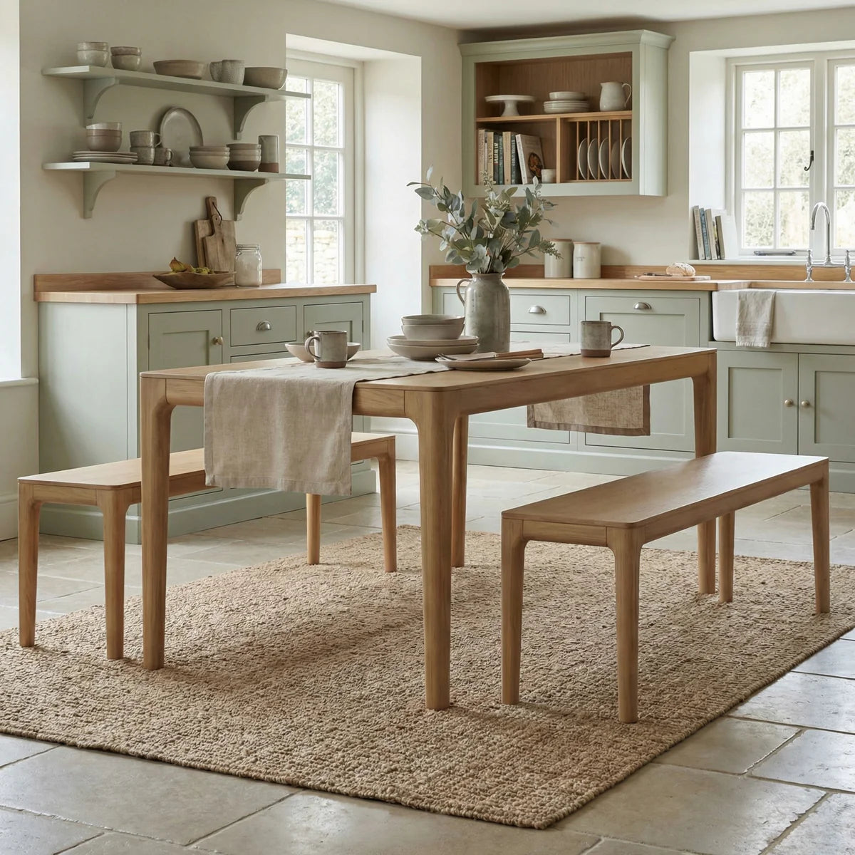 Marlow 8 Seat Dining Set with Wooden Benches in Light Oak