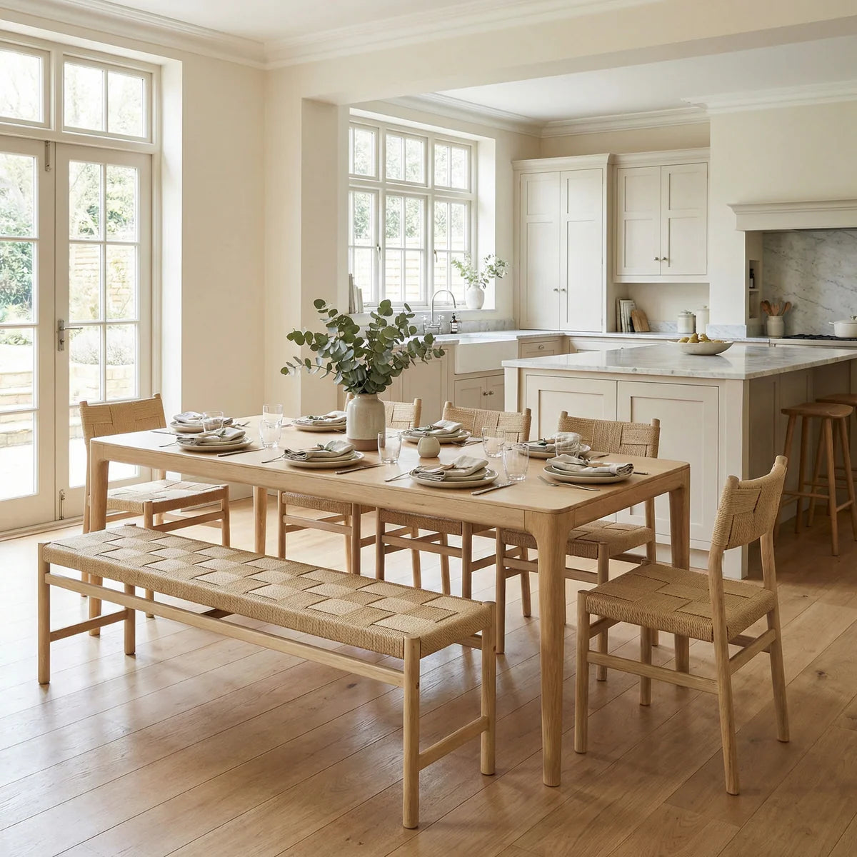 Marlow 8 Seat Dining Set with Woven Bench in Light Oak