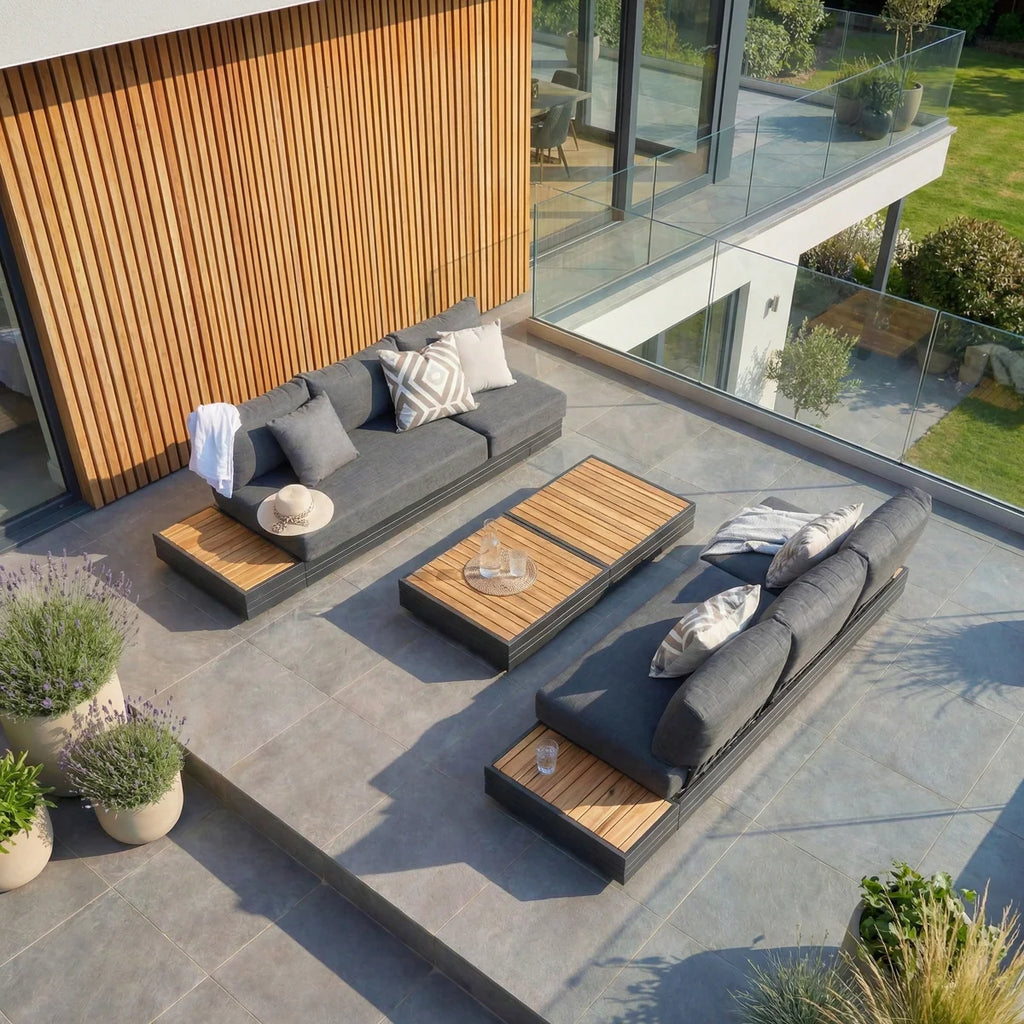 Panama 3 Seat Outdoor Sofa With Convertible Sun Lounger Charcoal Weatherproof Aluminium Frame