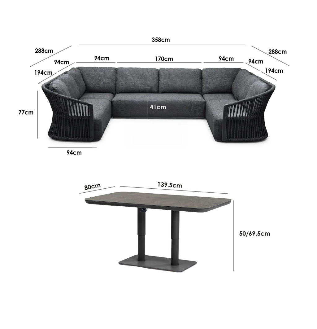 Pello U-Shape Corner Sofa Set with Altura Rising Table in Grey