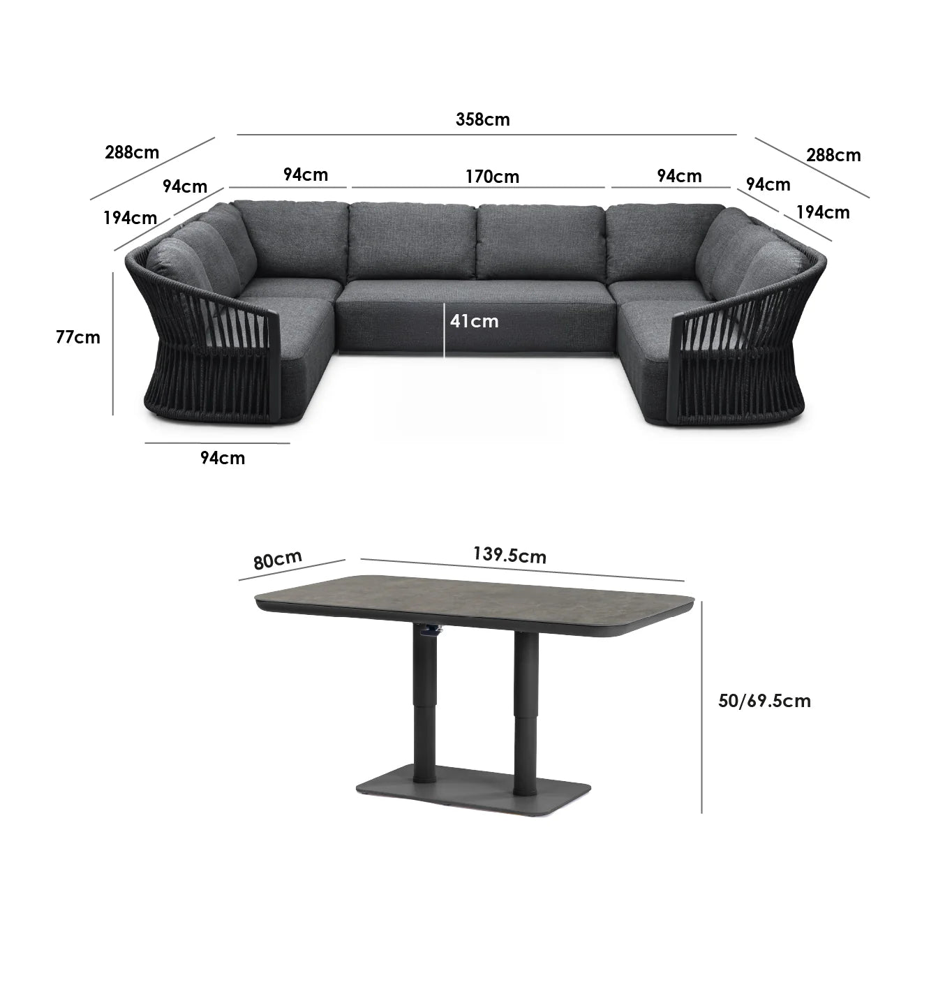Pello U-Shape Corner Sofa Set with Altura Rising Table in Grey
