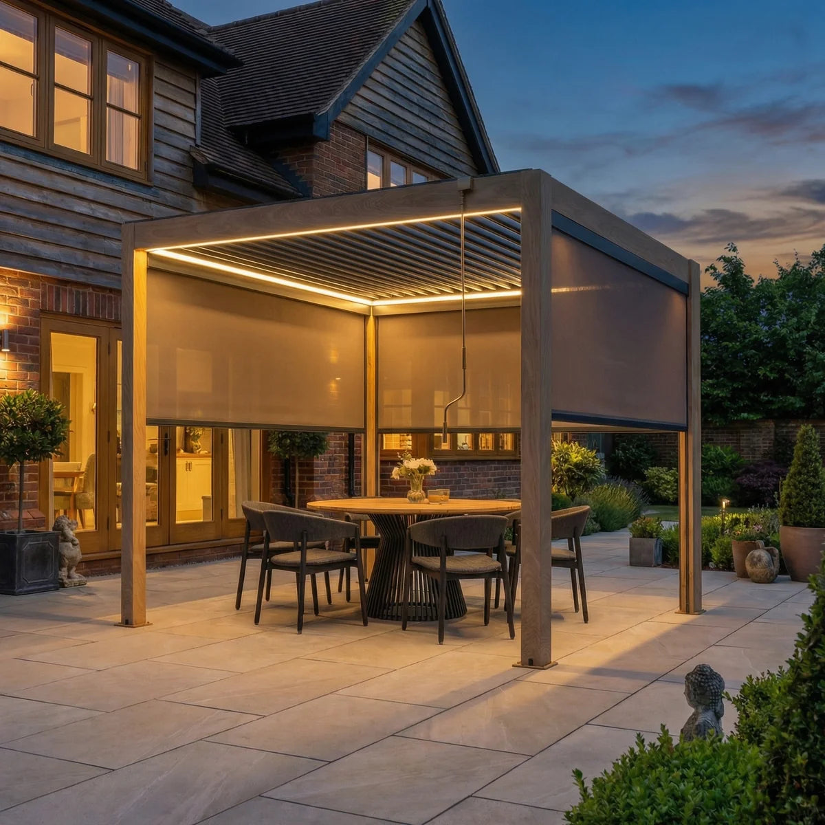 PergoSTET Plus 3x3m Wood Effect Aluminum Pergola with LED Lights & 3 Manual Blinds