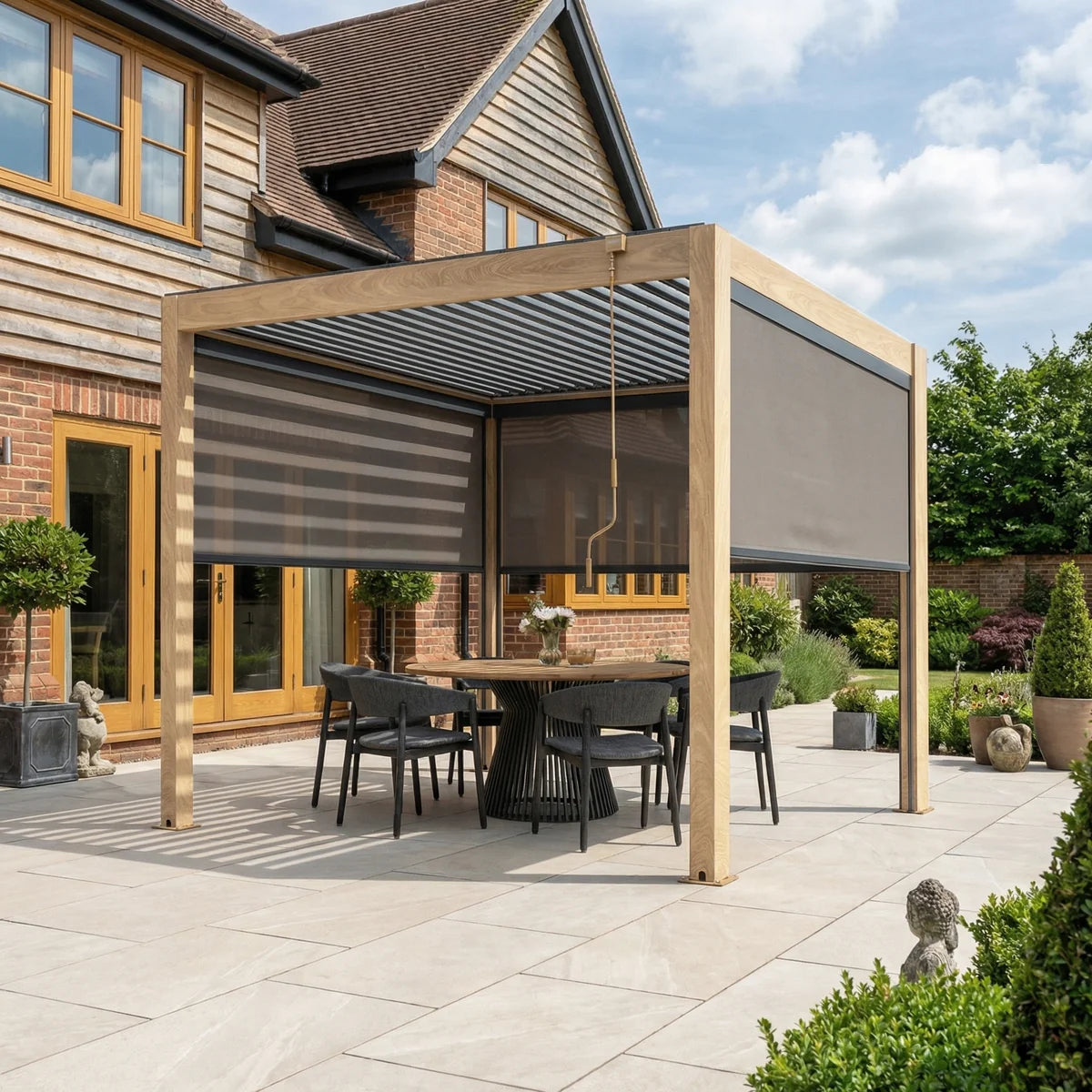 PergoSTET Plus 3x3m Wood Effect Aluminum Pergola with LED Lights & 3 Manual Blinds