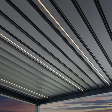 PergoSTET Deluxe 3m x 6m Rectangular Pergola with Motorised LED Louvres and 4 Manual Side Blinds in Grey
