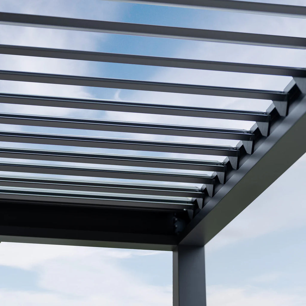 PergoSTET Deluxe 3m x 3m Square Pergola with Motorised LED Louvres and 3 Manual Side Blinds in Grey