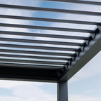 PergoSTET Deluxe 3m x 3m Square Pergola with Motorised LED Louvres and 3 Manual Side Blinds in Grey