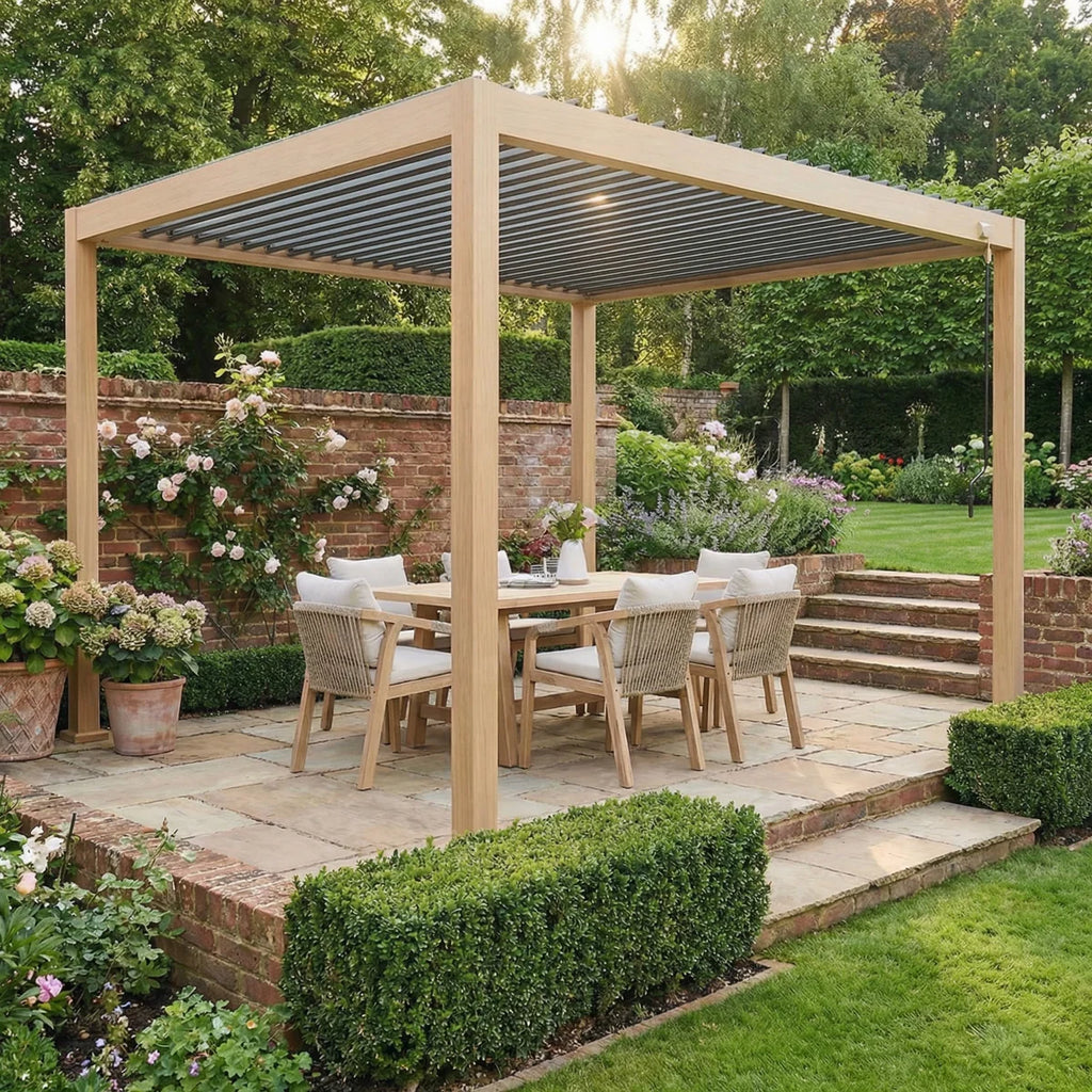PergoSTET Lite 3m x 4m Metal Rectangular Pergola with Wood Effect