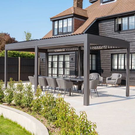 PergoSTET Deluxe 3m x 6m Rectangular Pergola with Motorised LED Louvres and 4 Manual Side Blinds in Grey