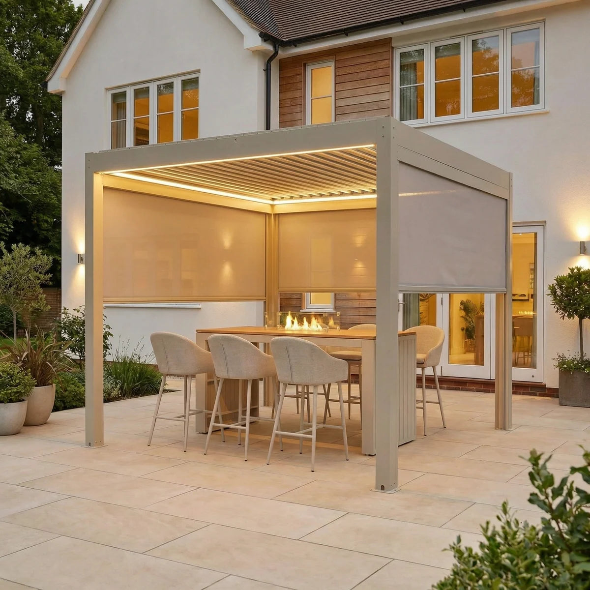 PergoSTET Plus 3x3m Aluminum Pergola with LED Lights & 3 Manual Blinds - Latte