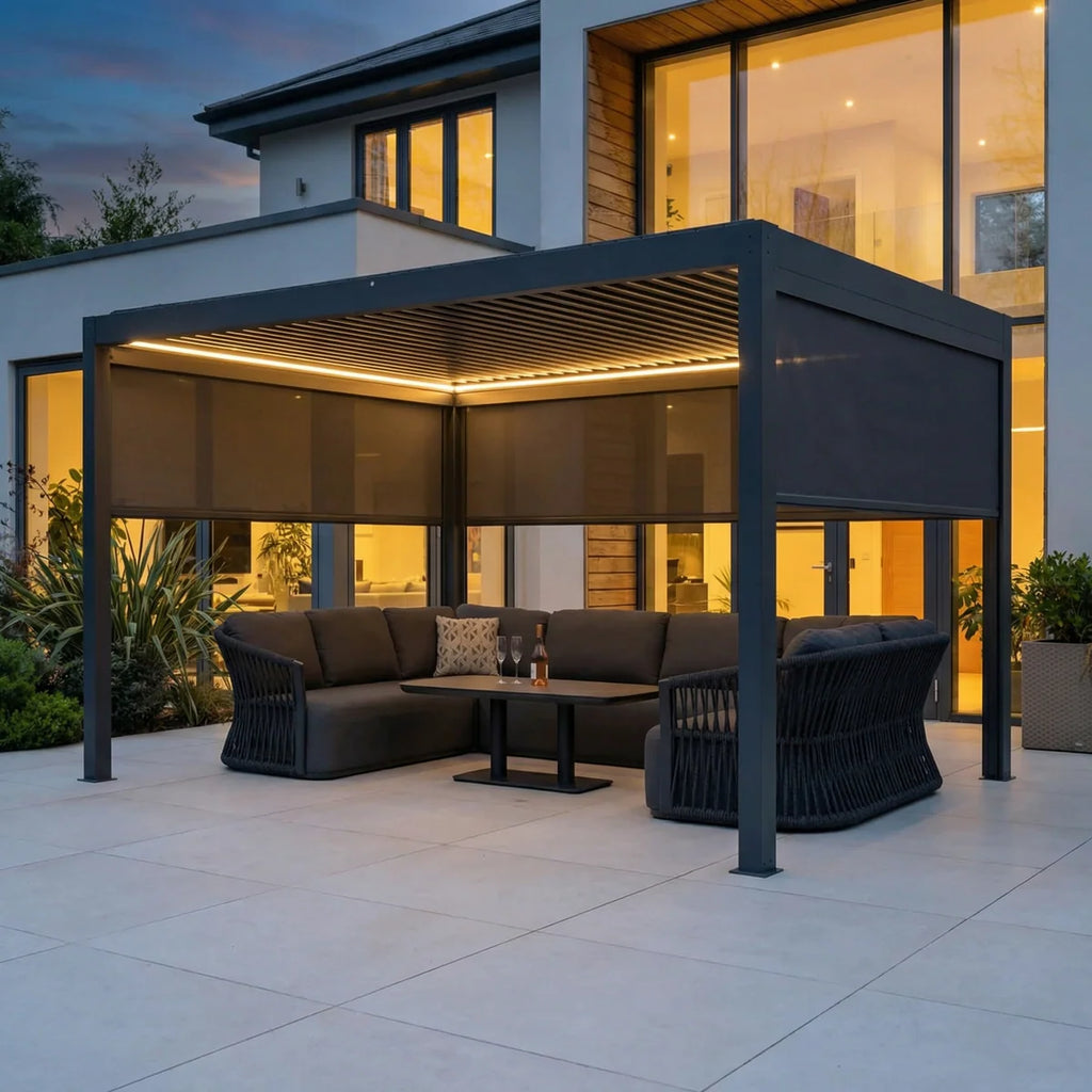 PergoSTET Plus 3m x 4m Rectangular Pergola with 3 Manual Side Blinds and LED Lighting in Grey
