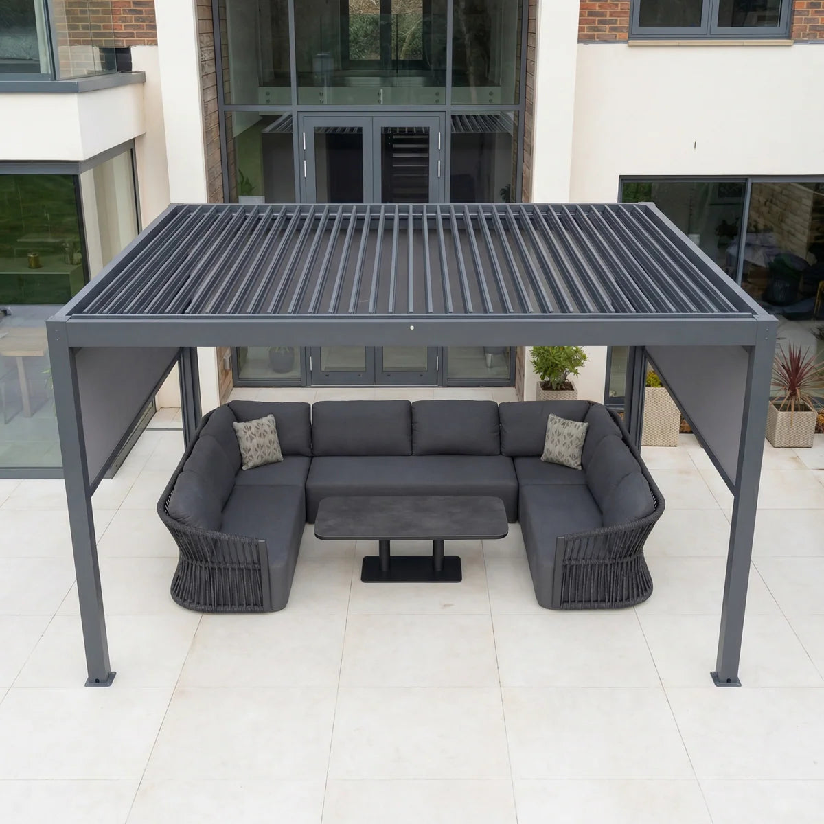 PergoSTET Plus 3m x 4m Rectangular Pergola with 3 Manual Side Blinds and LED Lighting in Grey