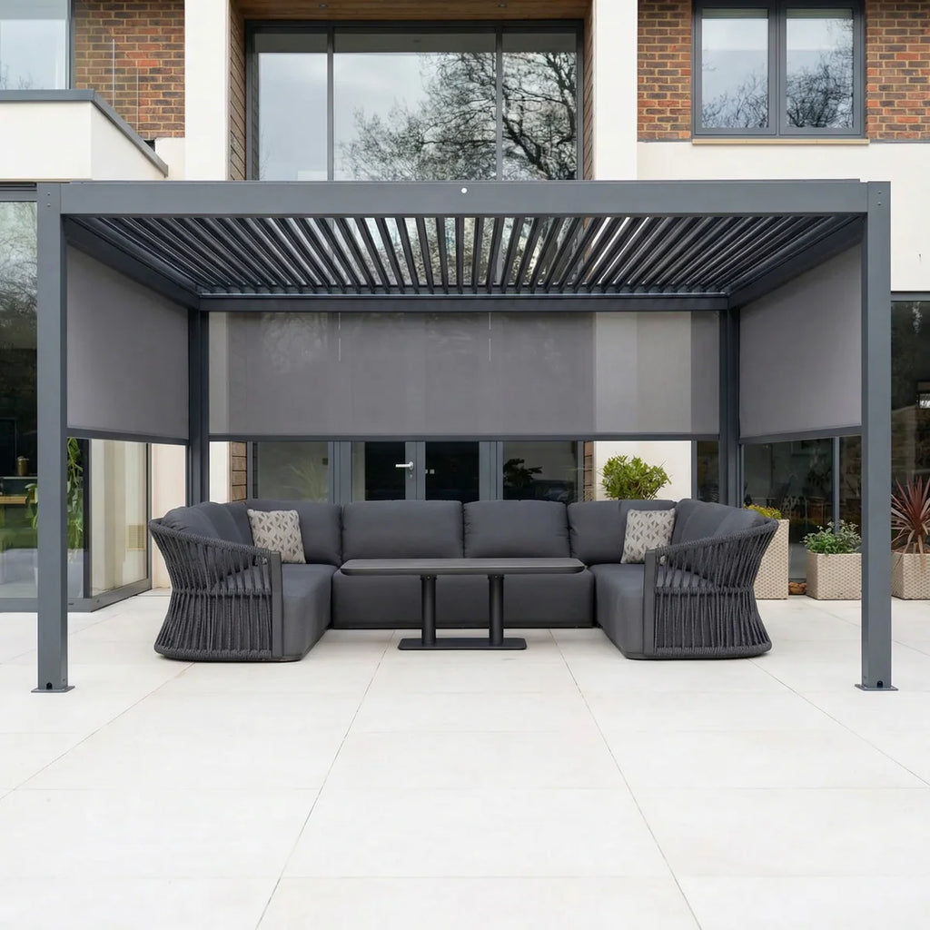 PergoSTET Plus 3m x 4m Rectangular Pergola with 3 Manual Side Blinds and LED Lighting in Grey