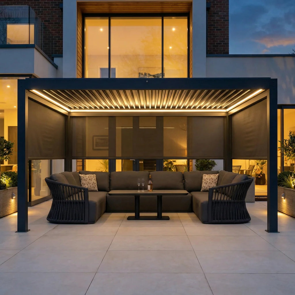 PergoSTET Plus 3m x 4m Rectangular Pergola with 3 Manual Side Blinds and LED Lighting in Grey