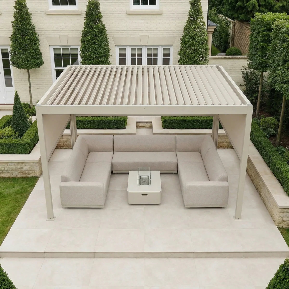 PergoSTET Plus 3m x 4m Rectangular Pergola with 3 Manual Side Blinds and LED Lighting in Latte