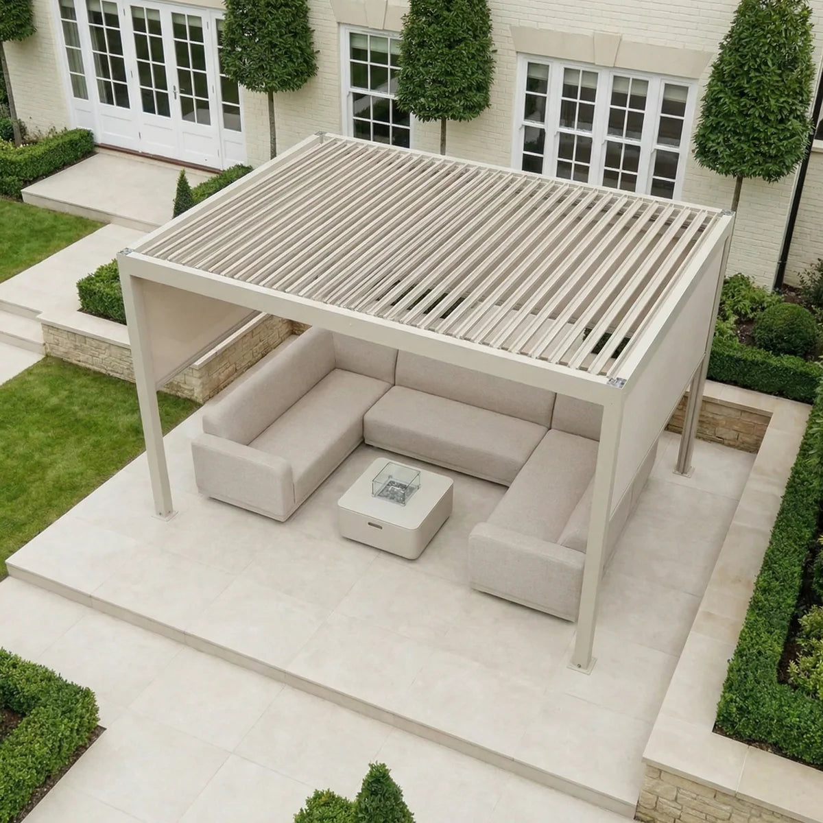 PergoSTET Plus 3m x 4m Rectangular Pergola with 3 Manual Side Blinds and LED Lighting in Latte