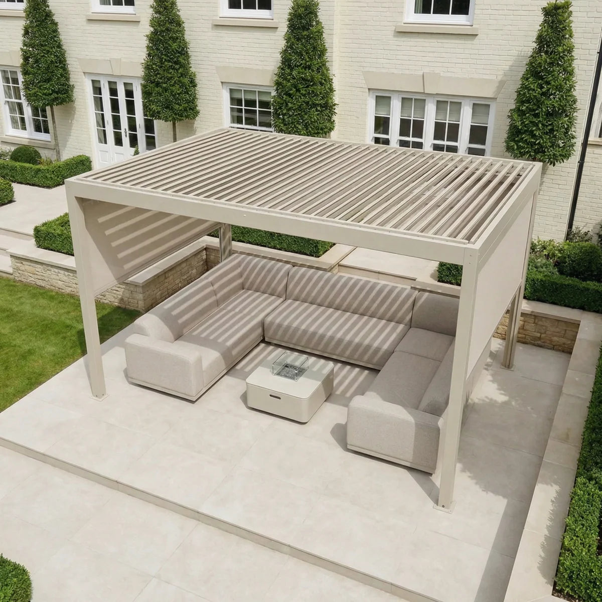 PergoSTET Plus 3m x 4m Rectangular Pergola with 3 Manual Side Blinds and LED Lighting in Latte
