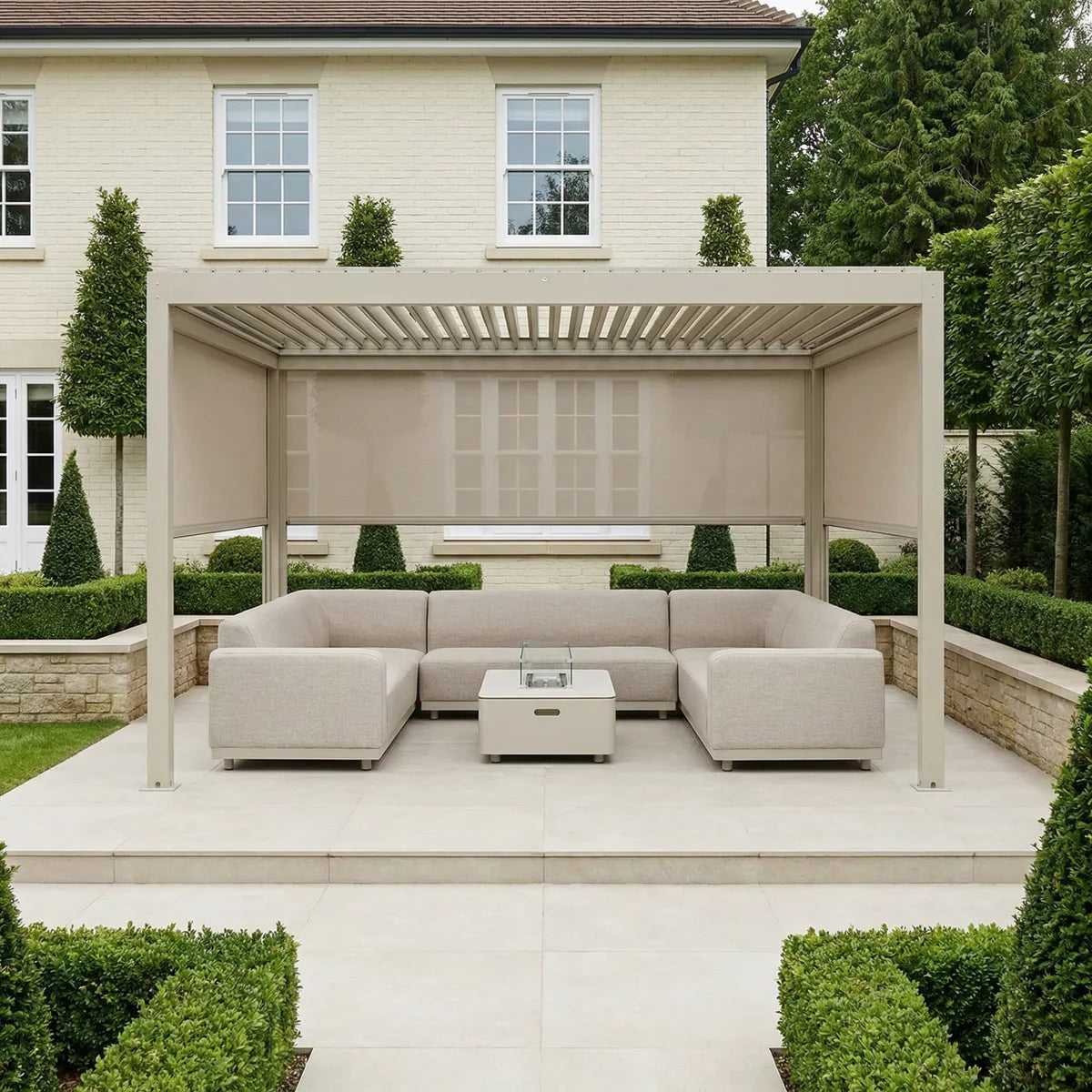 PergoSTET Plus 3m x 4m Rectangular Pergola with 3 Manual Side Blinds and LED Lighting in Latte
