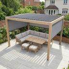 PergoSTET Plus 3m x 4m Rectangular Pergola with 3 Manual Side Blinds and LED Lighting in Wood Effect