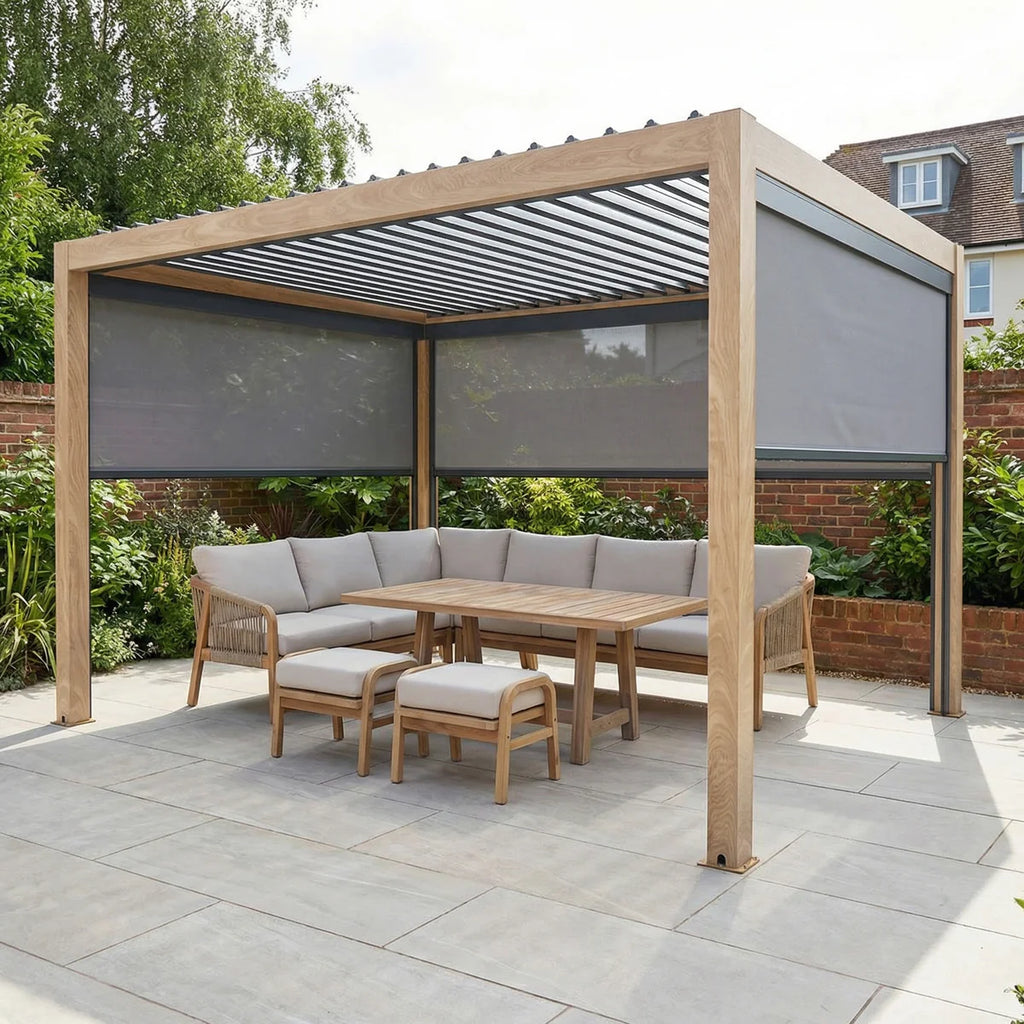 PergoSTET Plus 3m x 4m Rectangular Pergola with 3 Manual Side Blinds and LED Lighting in Wood Effect