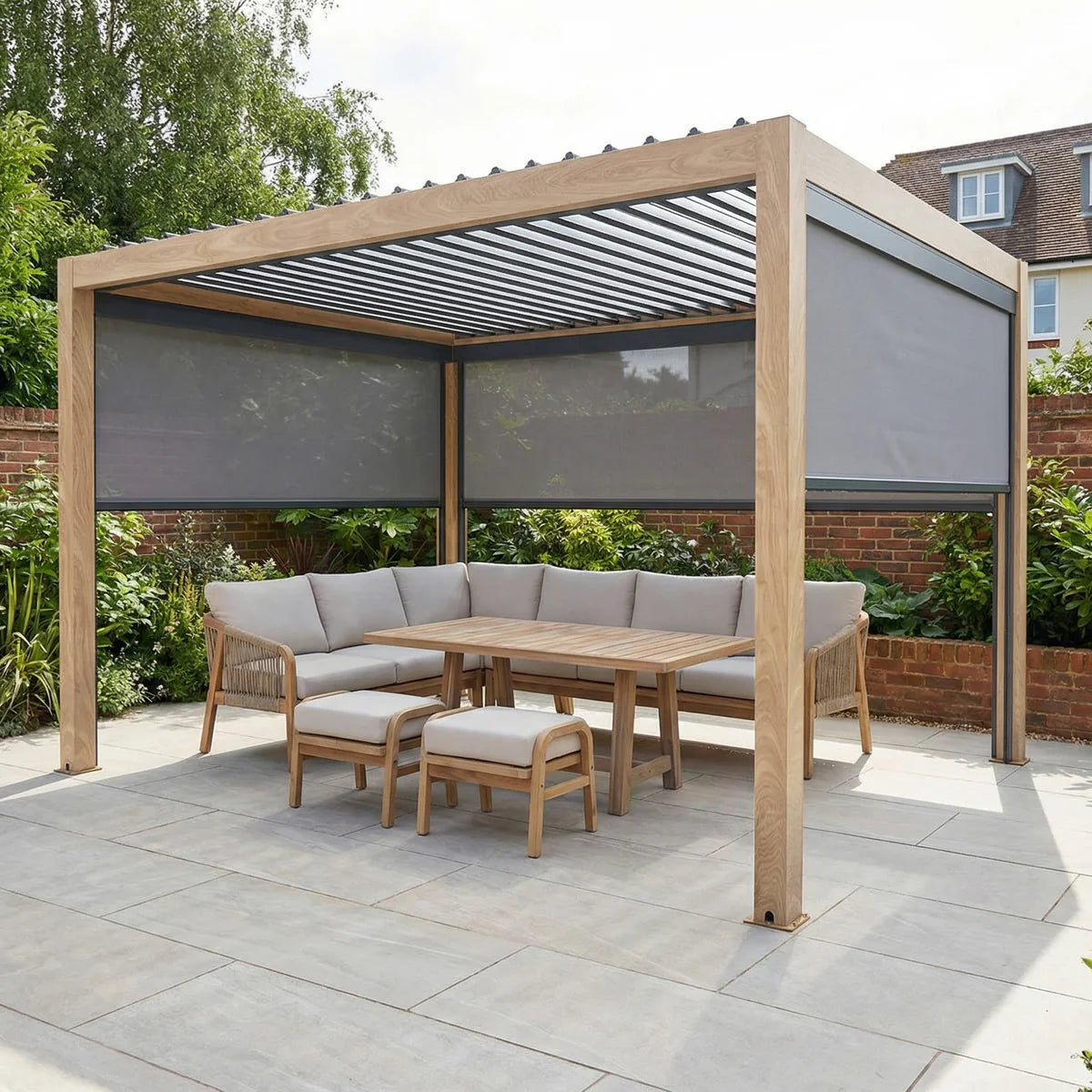PergoSTET Plus 3m x 4m Rectangular Pergola with 3 Manual Side Blinds and LED Lighting in Wood Effect
