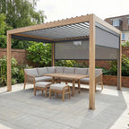 PergoSTET Plus 3m x 4m Rectangular Pergola with 3 Manual Side Blinds and LED Lighting in Wood Effect