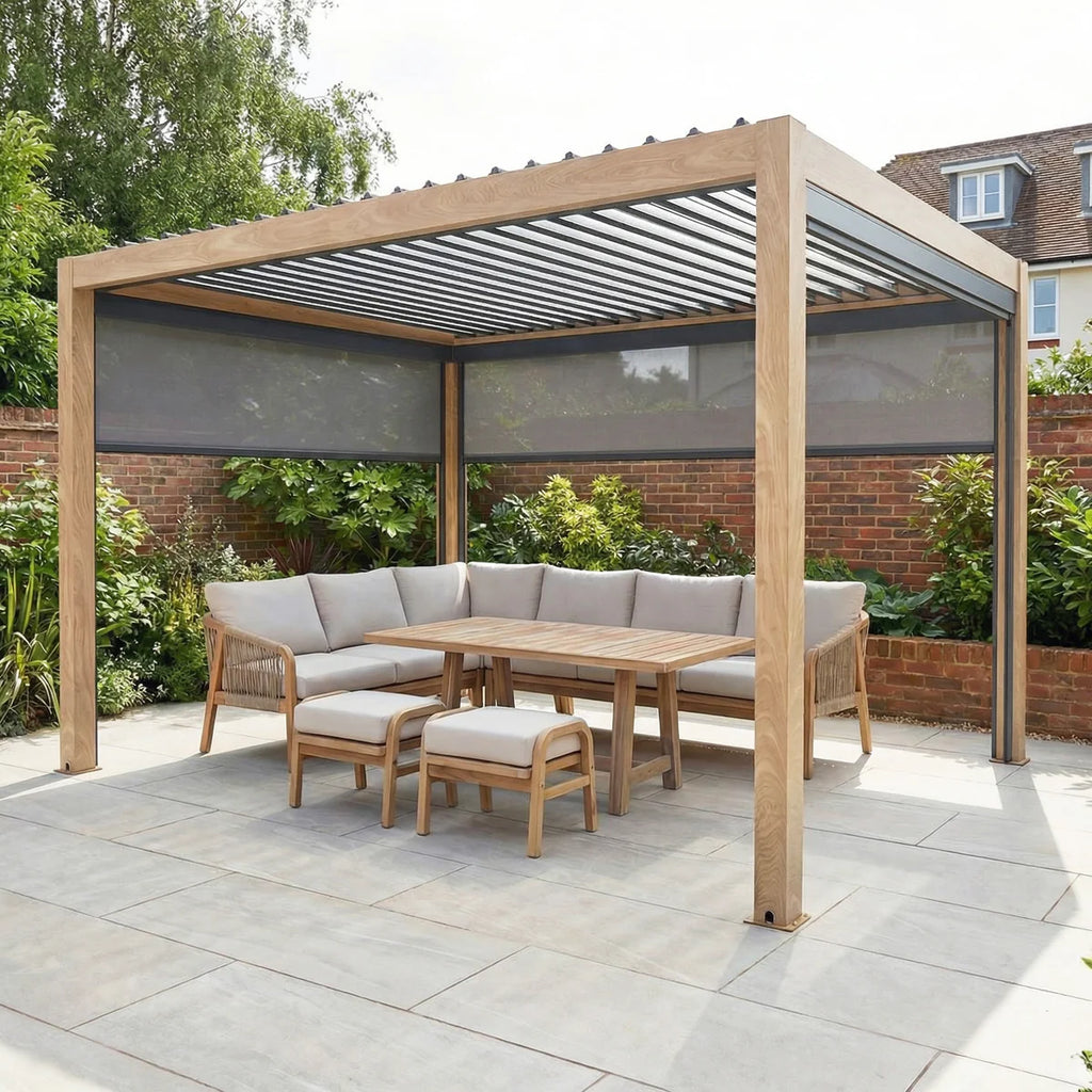 PergoSTET Plus 3m x 4m Rectangular Pergola with 3 Manual Side Blinds and LED Lighting in Wood Effect