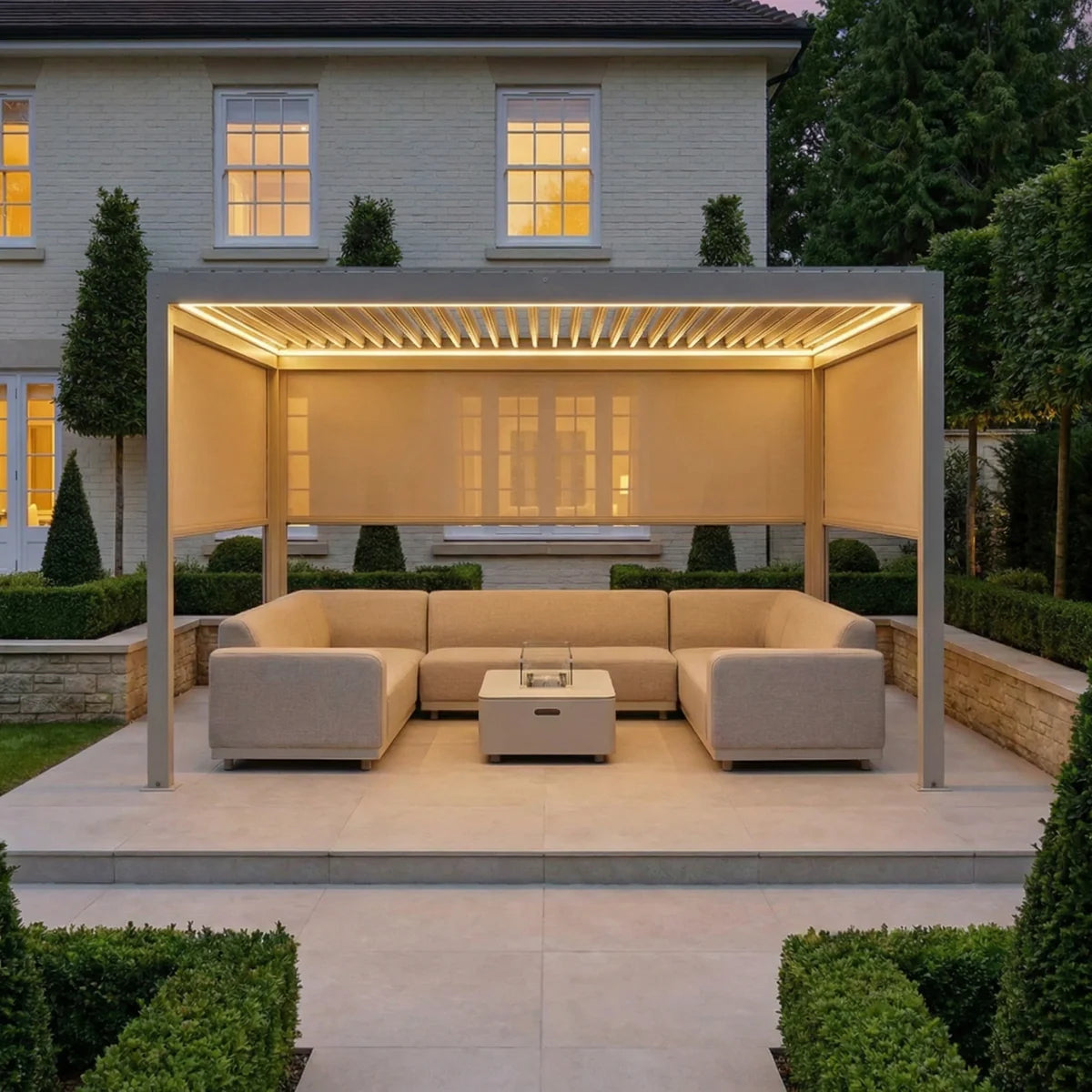 PergoSTET Plus 3m x 4m Rectangular Pergola with 3 Manual Side Blinds and LED Lighting in Latte