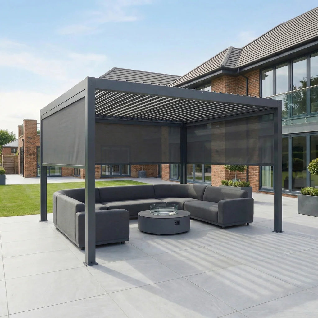 PergoSTET Plus 4m x 4m Square Pergola with 3 Manual Side Blinds and LED Lighting in Grey