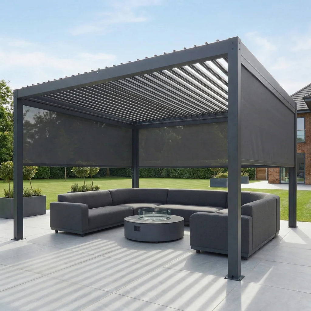 PergoSTET Plus 4m x 4m Square Pergola with 3 Manual Side Blinds and LED Lighting in Grey