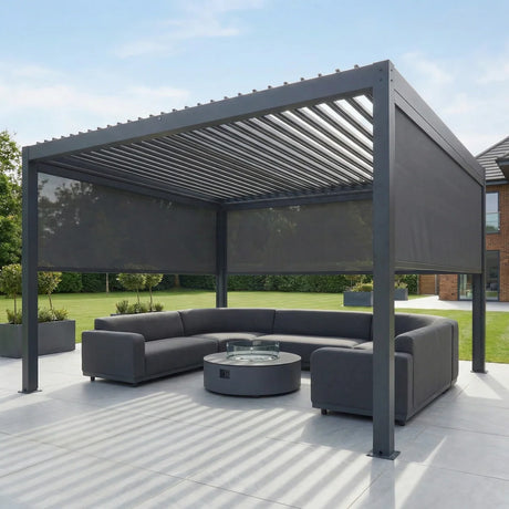 PergoSTET Plus 4m x 4m Square Pergola with 3 Manual Side Blinds and LED Lighting in Grey