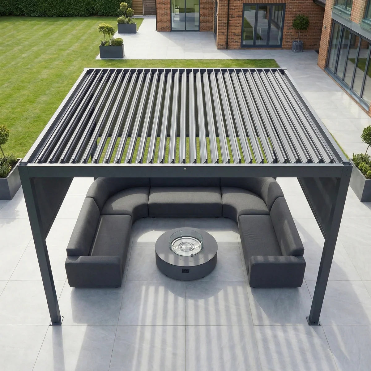 PergoSTET Plus 4m x 4m Square Pergola with 3 Manual Side Blinds and LED Lighting in Grey