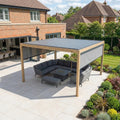 PergoSTET Plus 4m x 4m Square Pergola with 3 Manual Side Blinds and LED Lighting in Wood Effect