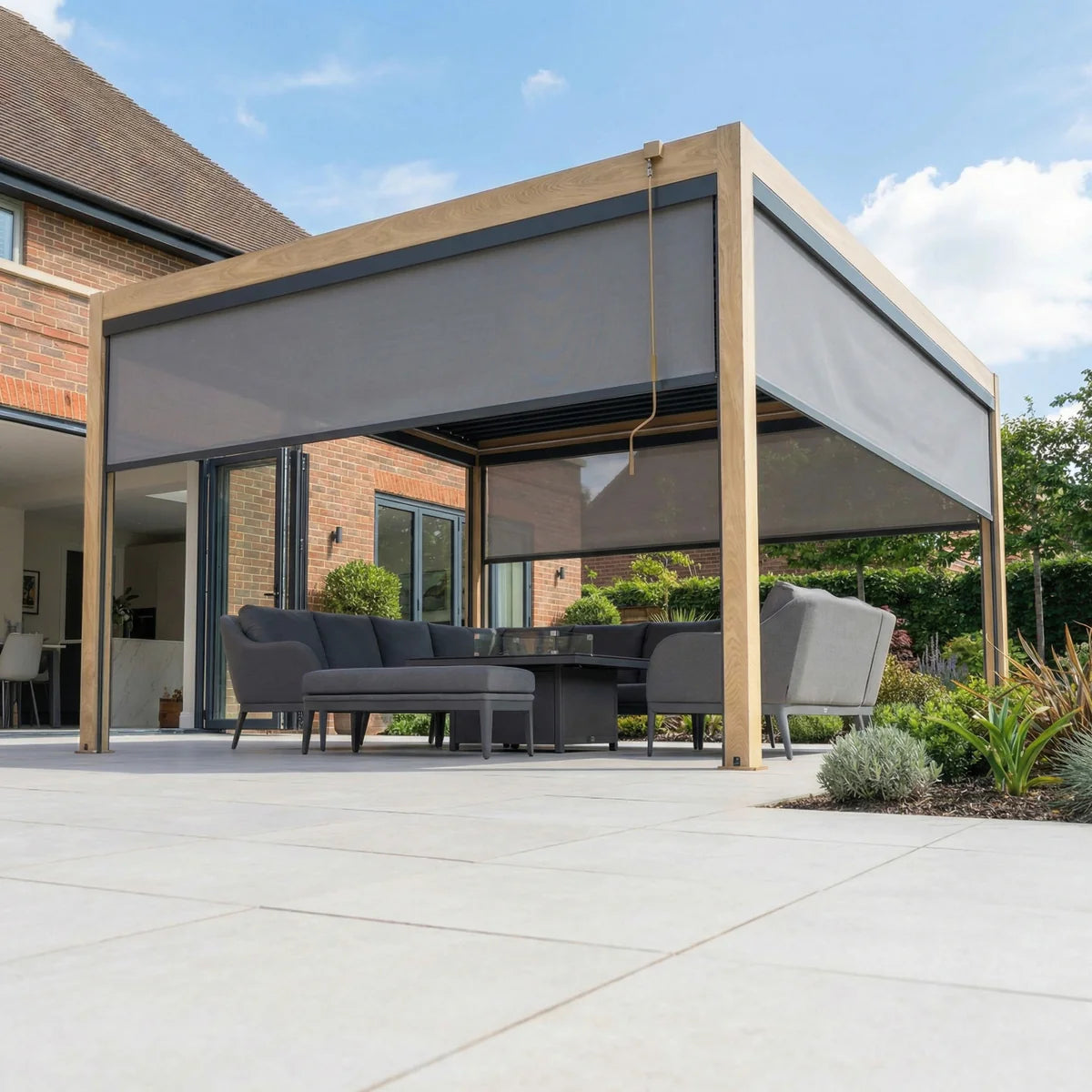 PergoSTET Plus 4m x 4m Square Pergola with 3 Manual Side Blinds and LED Lighting in Wood Effect