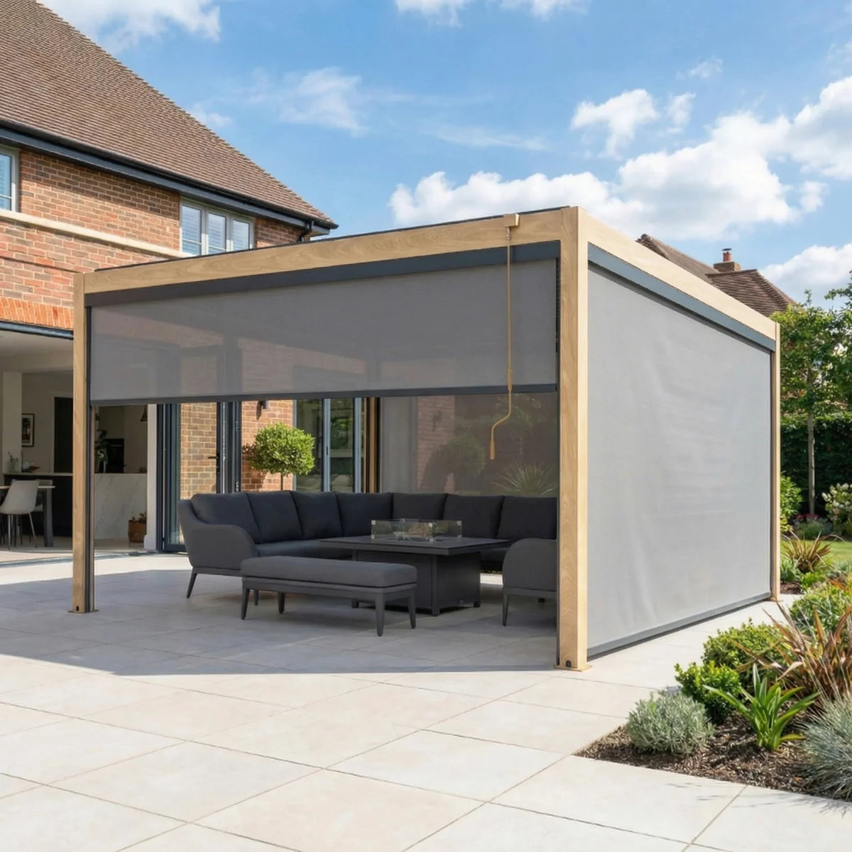 PergoSTET Plus 4m x 4m Square Pergola with 3 Manual Side Blinds and LED Lighting in Wood Effect