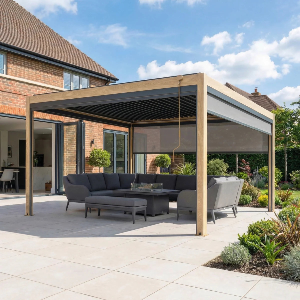PergoSTET Plus 4m x 4m Square Pergola with 3 Manual Side Blinds and LED Lighting in Wood Effect