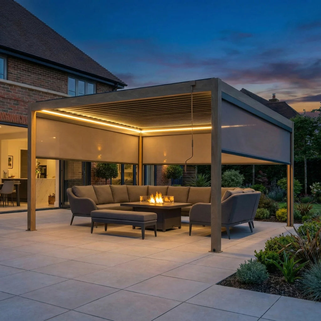 PergoSTET Plus 4m x 4m Square Pergola with 3 Manual Side Blinds and LED Lighting in Wood Effect