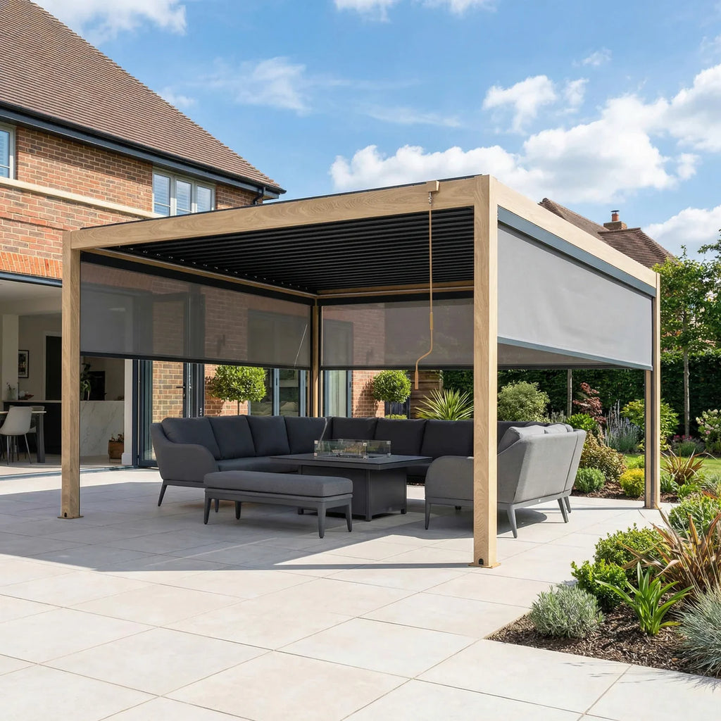 PergoSTET Plus 4m x 4m Square Pergola with 3 Manual Side Blinds and LED Lighting in Wood Effect