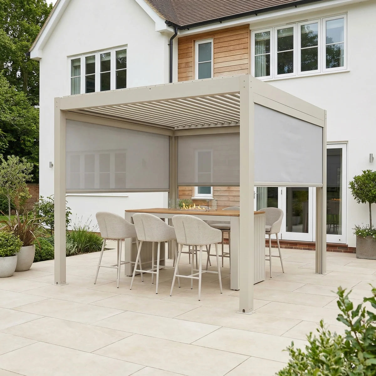 PergoSTET Plus 3x3m Aluminum Pergola with LED Lights & 3 Manual Blinds - Latte